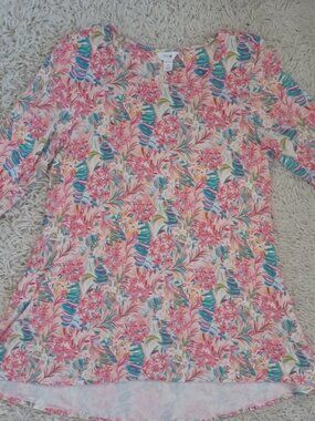 Intro Women’s Floral Tunic Top Small Pink Tropical 3/4 Sleeve Stretch Blouse